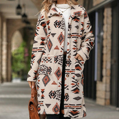 Ethnic Print Plush Long Overcoat Single-Breasted Outerwear