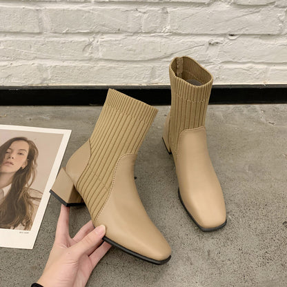 Women’s Square Toe Thick Heel Shoes - Stylish Korean Design, Comfortable Fit