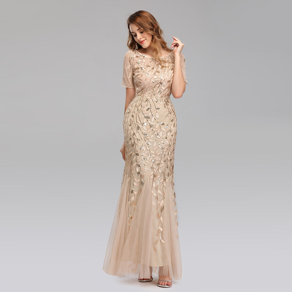 Elegant Floor-Length Lace - Embroidery Dress