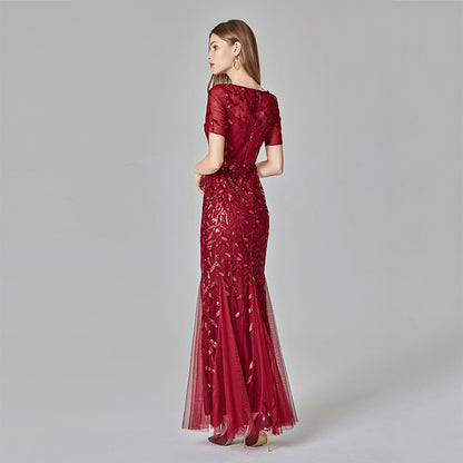 Elegant Floor-Length Lace - Embroidery Dress