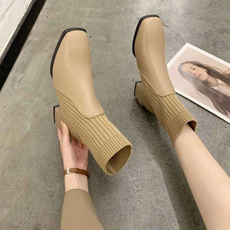 Women’s Square Toe Thick Heel Shoes - Stylish Korean Design, Comfortable Fit