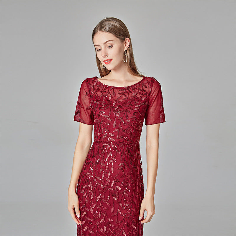 Elegant Floor-Length Lace - Embroidery Dress
