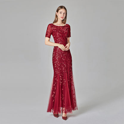 Elegant Floor-Length Lace - Embroidery Dress