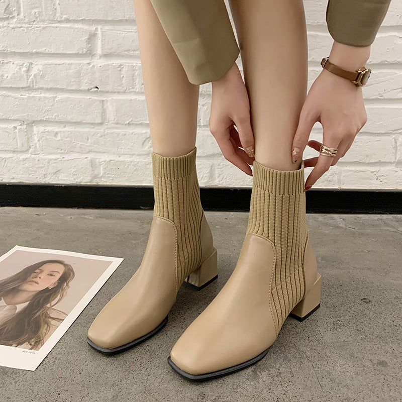 Women’s Square Toe Thick Heel Shoes - Stylish Korean Design, Comfortable Fit