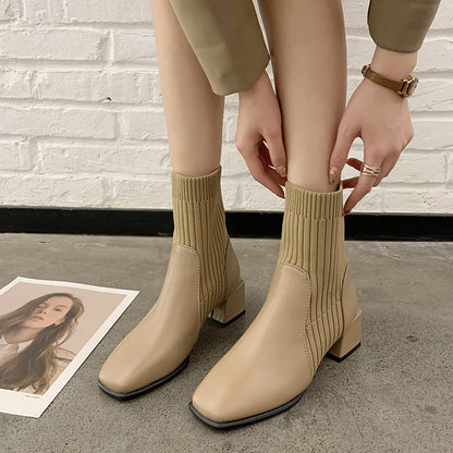 Women’s Square Toe Thick Heel Shoes - Stylish Korean Design, Comfortable Fit