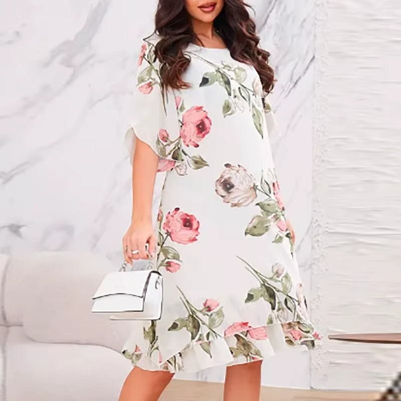 Rose Printed Chiffon Dress - Elegant O-Neck Summer Dress with Pleated Design