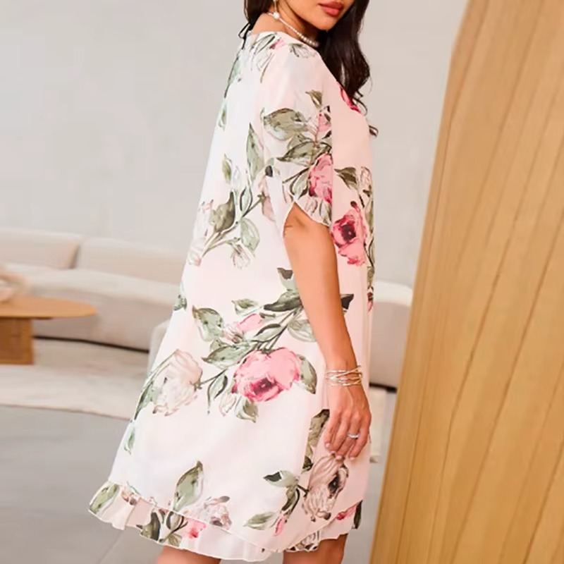 Rose Printed Chiffon Dress - Elegant O-Neck Summer Dress with Pleated Design