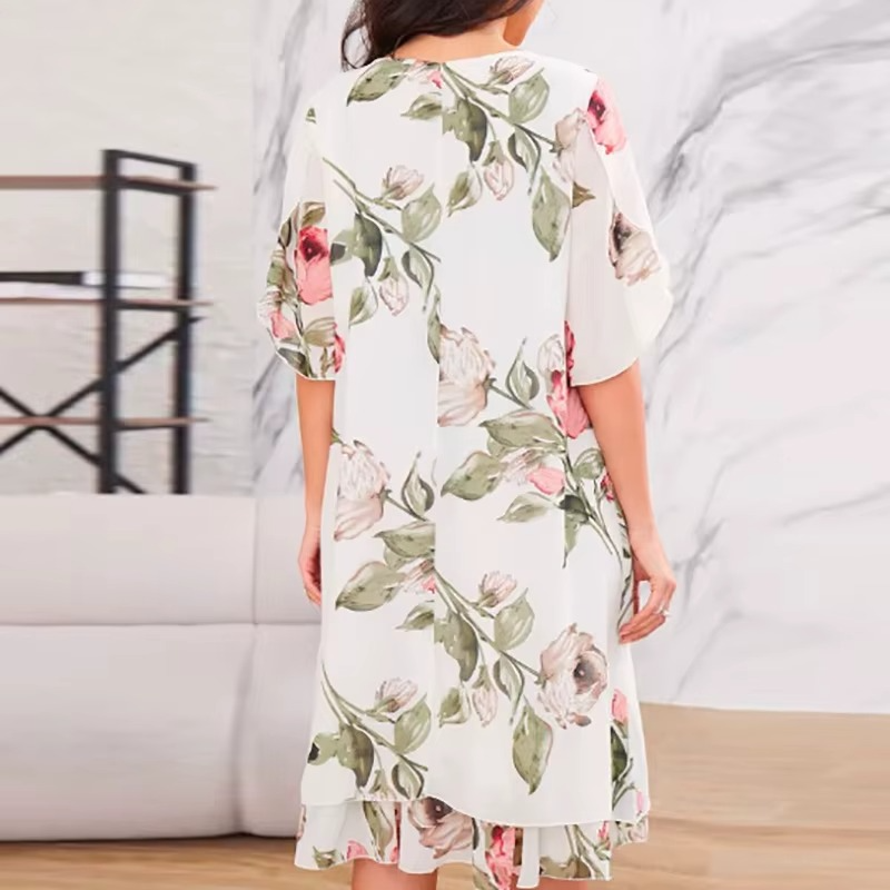 Rose Printed Chiffon Dress - Elegant O-Neck Summer Dress with Pleated Design
